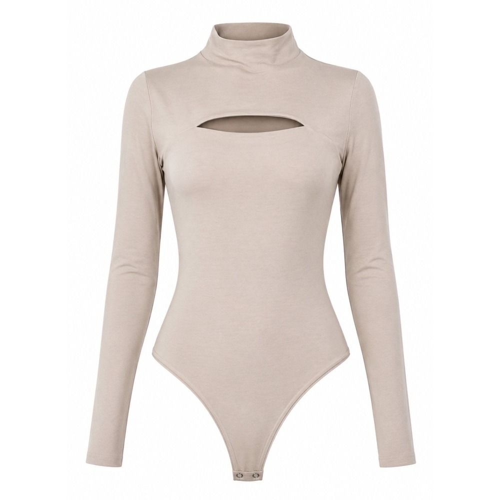 Express Body Contour Bodysuit Tan Beige Cutout Mock Neck Long Sleeve Thong Sz S